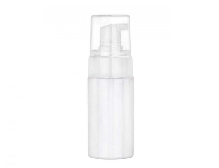 3.33 oz. White PET Cylinder Round (100ml) 43mm Opaque Glossy Plastic Bottle-White Foamer-Clear Hood
